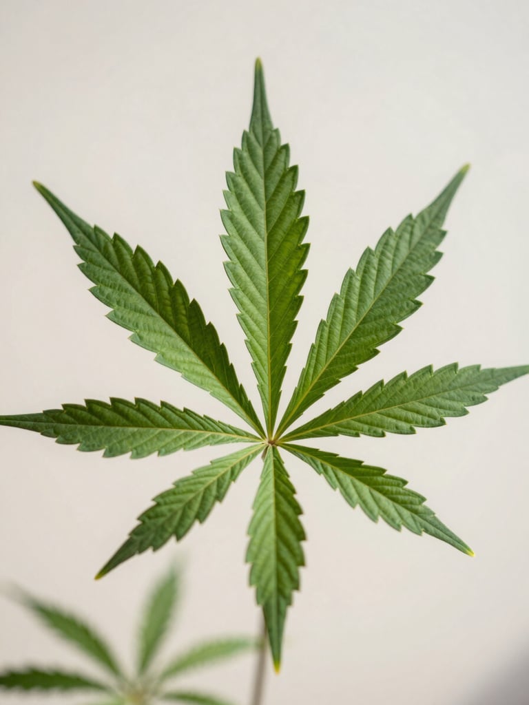 A vertical close-up of a vibrant, healthy green cannabis fan leaf showing perfect turgor and detailed vein structures, soft natural north-facing daylight, clean neutral background.