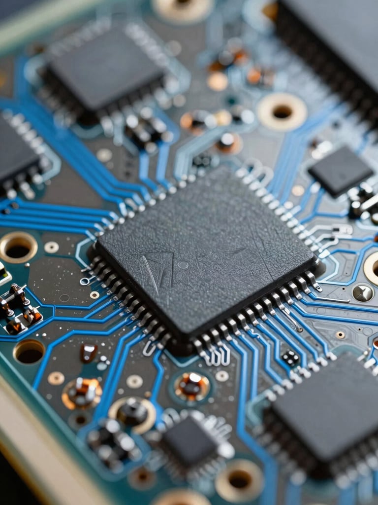 Macro shot of a clean PCB assembly, electric blue tracer lines, high-contrast metallic tones, cool-toned technical lighting