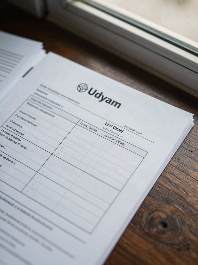 Close-up overhead shot of a founder's desk: Udyam registration printout, EPF challan form, and a handwritten checklist under north-facing window light, neat stack of organized papers visible at edge