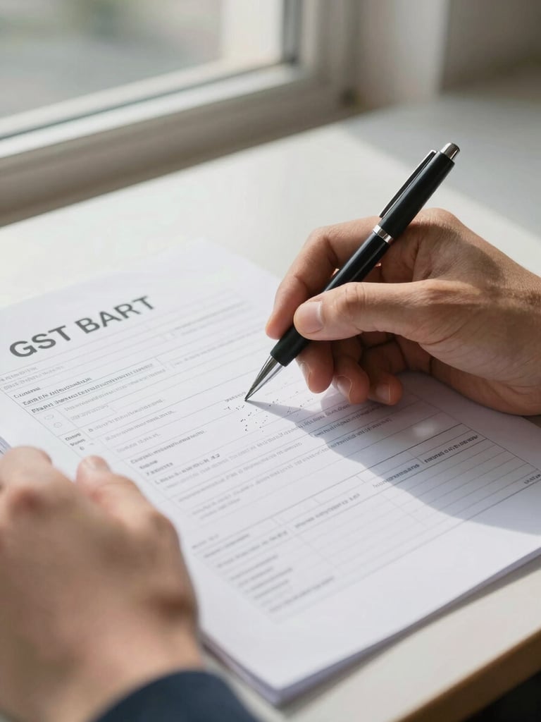 Close-up of hands reviewing a GST application form on a desk, pen resting on paper, natural north-facing daylight from an office window, crisp document details visible, shallow depth of field