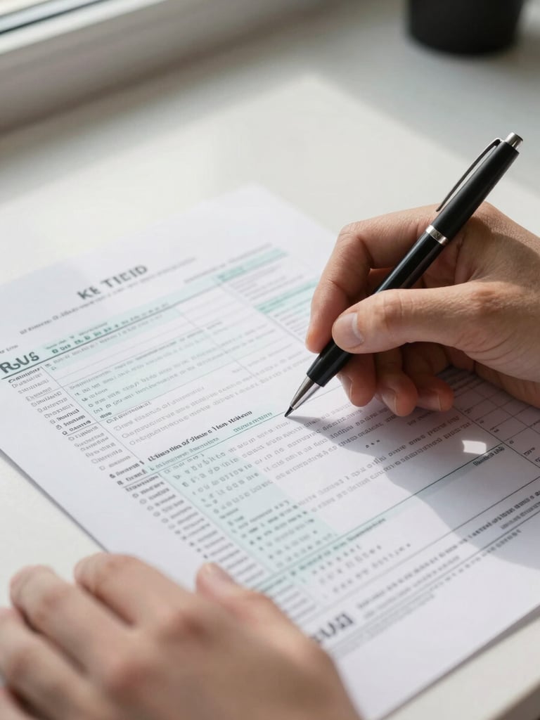 Close-up of hands reviewing a printed tax return form on a clean desk, pen resting on the page, natural north-facing window light casting soft shadows across the documents