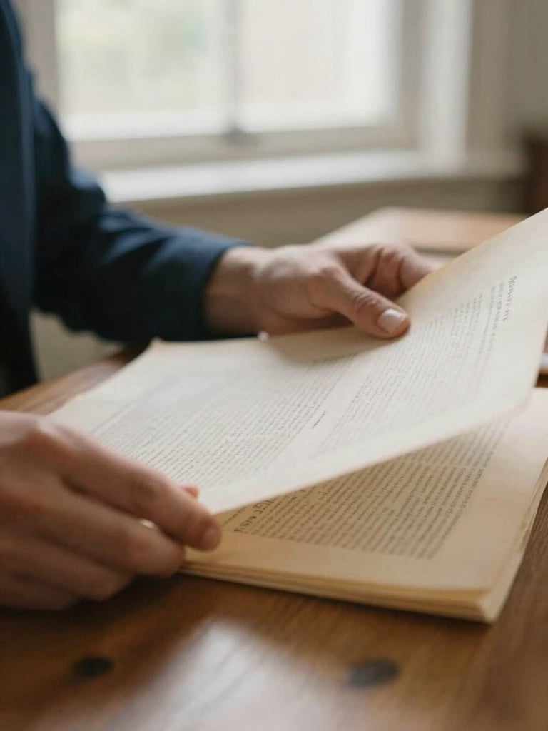 Close-up of hands reviewing physical historical documents on a warm wooden desk, soft natural window light, muted navy and champagne tones, shallow depth of field, 35mm