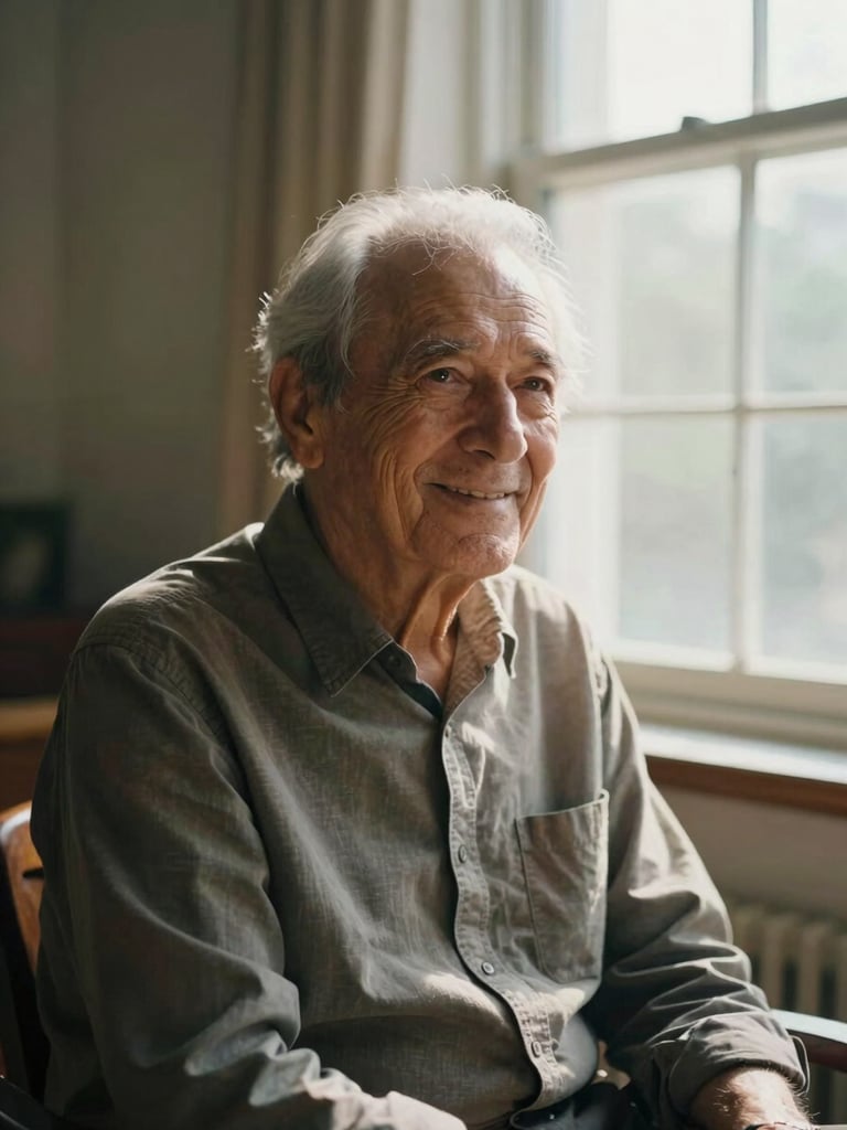 A serene portrait of an elderly man in his seventies, smiling softly, sitting by a large window with gentle morning light, soft shadows, warm archival atmosphere, natural and unposed.
