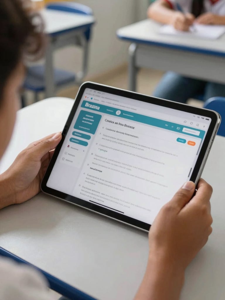 A sharp, close-up shot of hands-on technical work under bright natural light, showing a modern tablet displaying educational data in a Brazilian public school classroom setting.