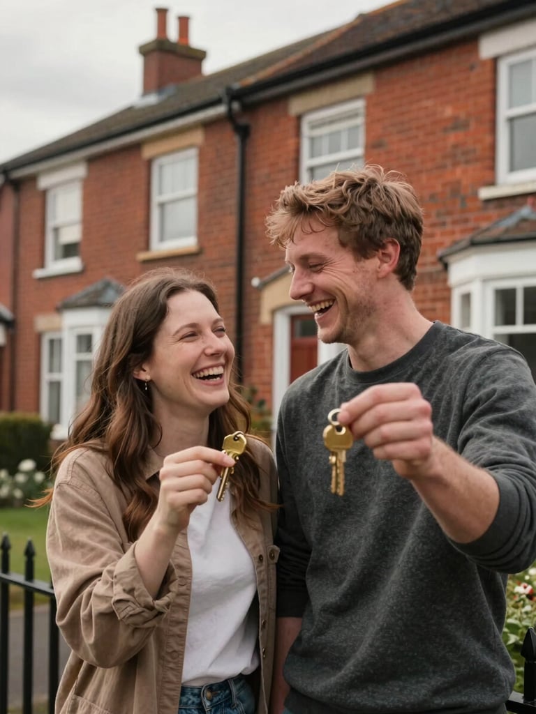 A warm, natural portrait of a young couple laughing and holding brass keys outside a red-brick terraced house in Widnes, soft overcast North West daylight.