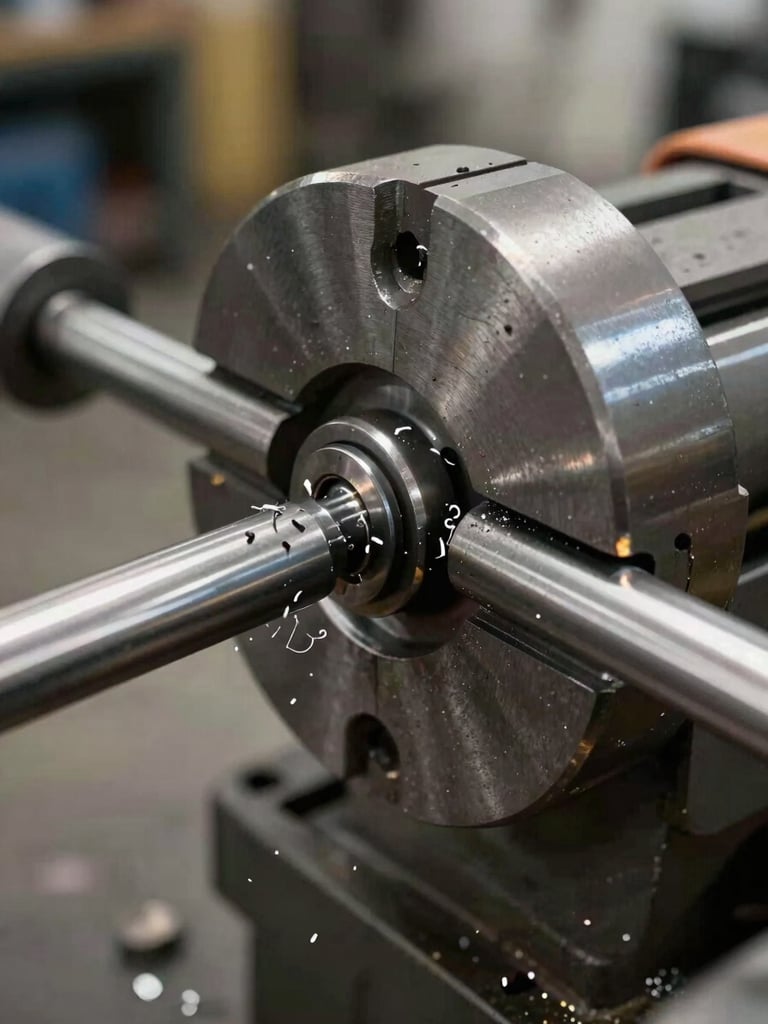 Extreme closeup of a lathe chuck gripping a steel rod mid-cut, tungsten and fluorescent shop lighting, bright metal chips curling off the cutting tool, raw steel surface visible, industrial shop floor background out of focus