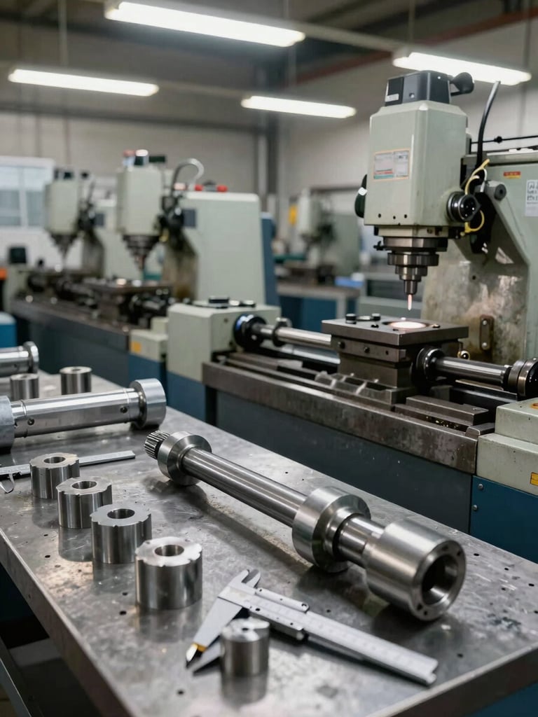 Wide shop floor angle showing multiple lathes and milling machines in operation under fluorescent lighting, finished steel parts arranged in foreground on a metal work table, measuring calipers resting against a turned shaft, evidence of active machining work
