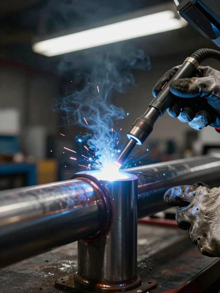 Close-up of a TIG welding arc in progress on a stainless steel pipe joint, intense blue-white arc light illuminating the weld pool, gloved hand holding the torch, shop floor visible in the dark background, shot in actual industrial fluorescent lighting with no softening