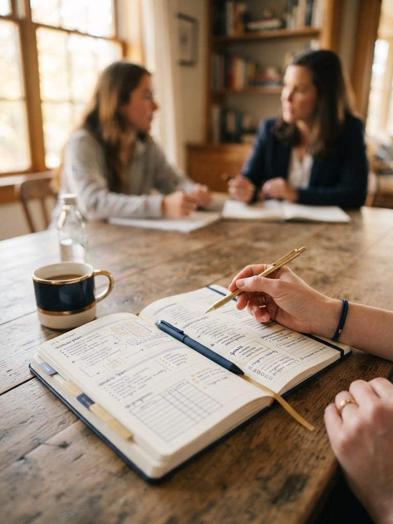 A focused student review session with an advisor, close-up of a structured study plan notebook on a wooden table, soft natural window light, deep navy accents, shallow depth of field, 35mm