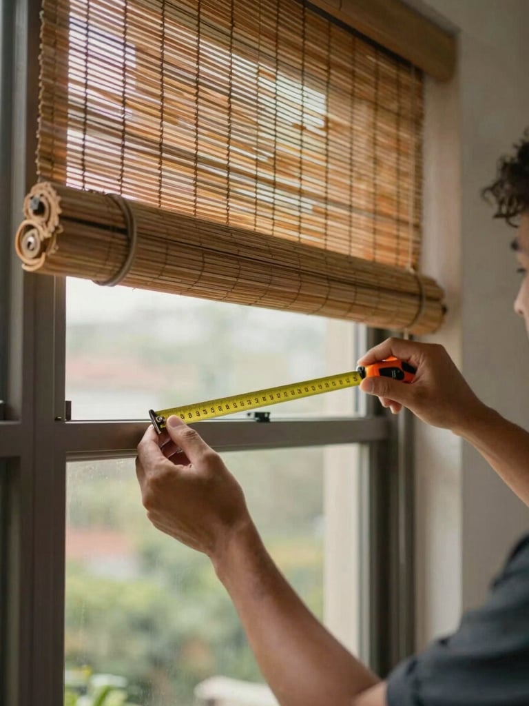 An artisan carefully measuring a wide balcony opening with a tape measure, seasoned bamboo blinds rolled up above.