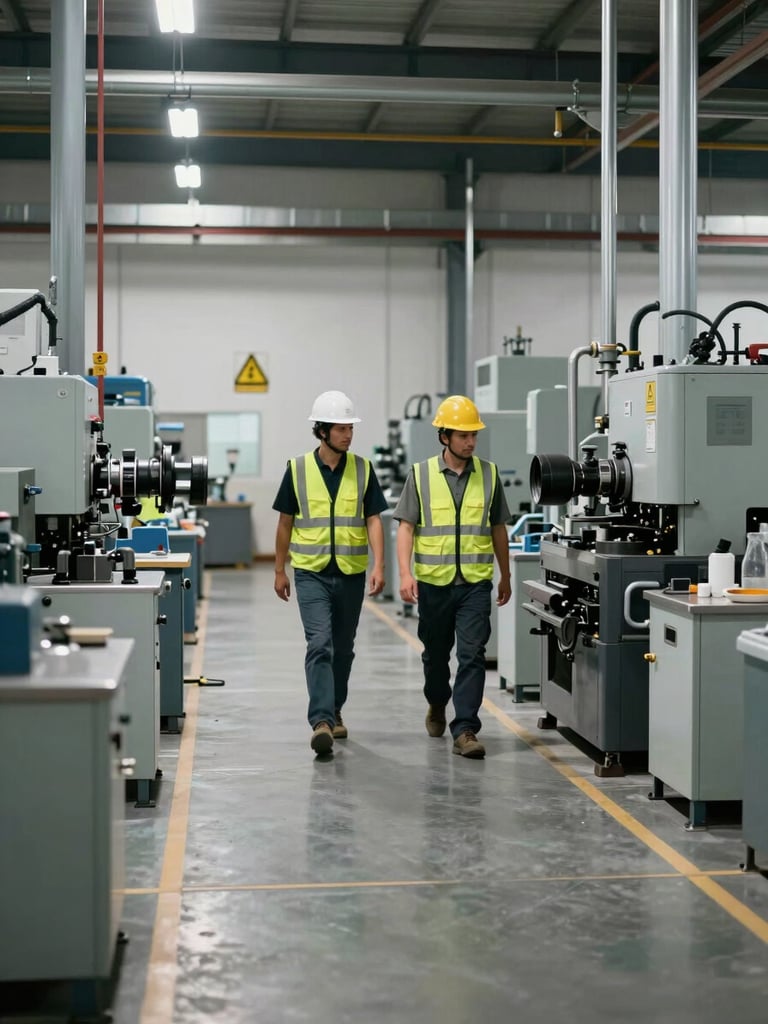 Wide shot of a clean manufacturing floor, two workers in hard hats and safety vests walking past heavy machinery under even industrial lighting, visible safety signage on walls, documentary style, no posed elements