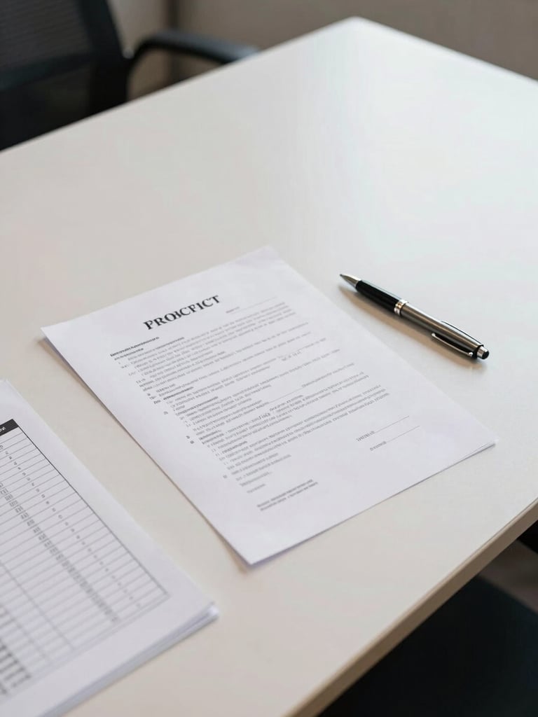 Wide shot of a clean office desk from above, a work contract laid flat with a pen resting beside it, checklist paperwork partially visible at the edge, bright even overhead office lighting, documentary style