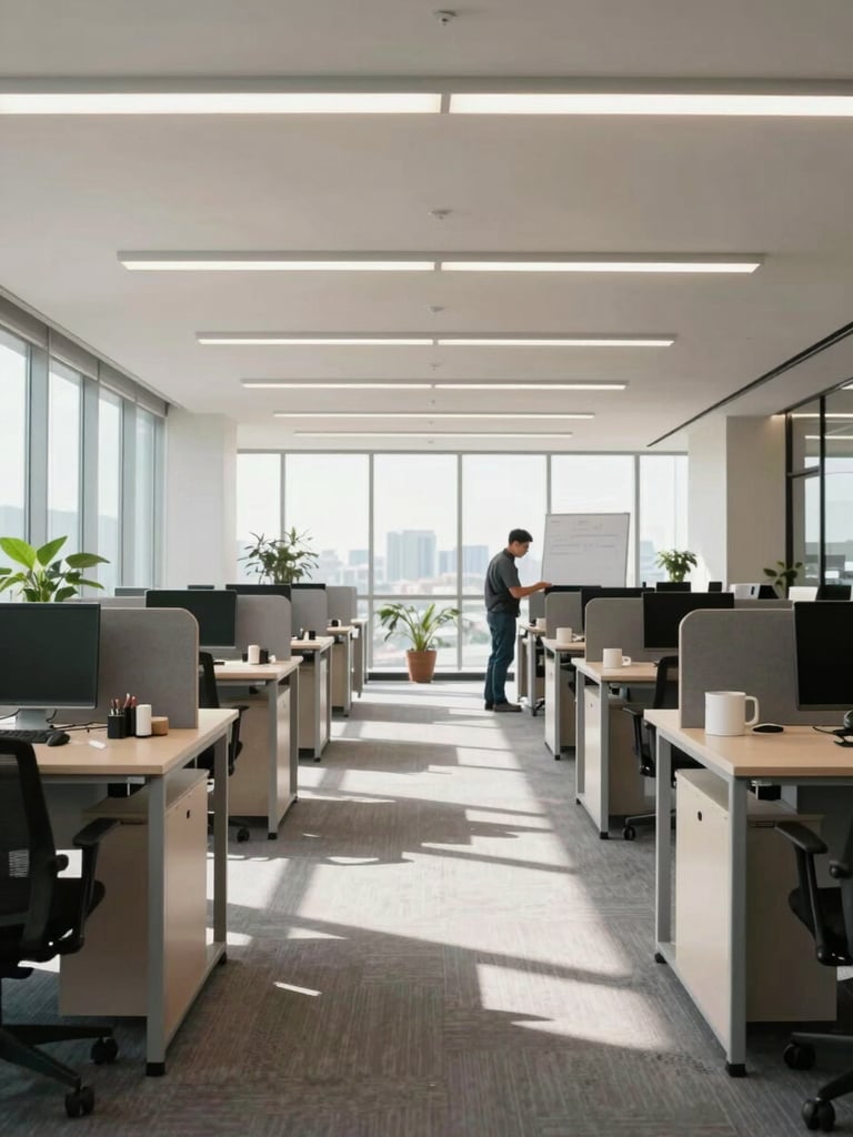 Wide environmental shot of a clean commercial office space in natural north-facing daylight, a crew member in the background inspecting a freshly cleaned surface, no posed smiling, full room visible, straight architectural lines, no staged decor