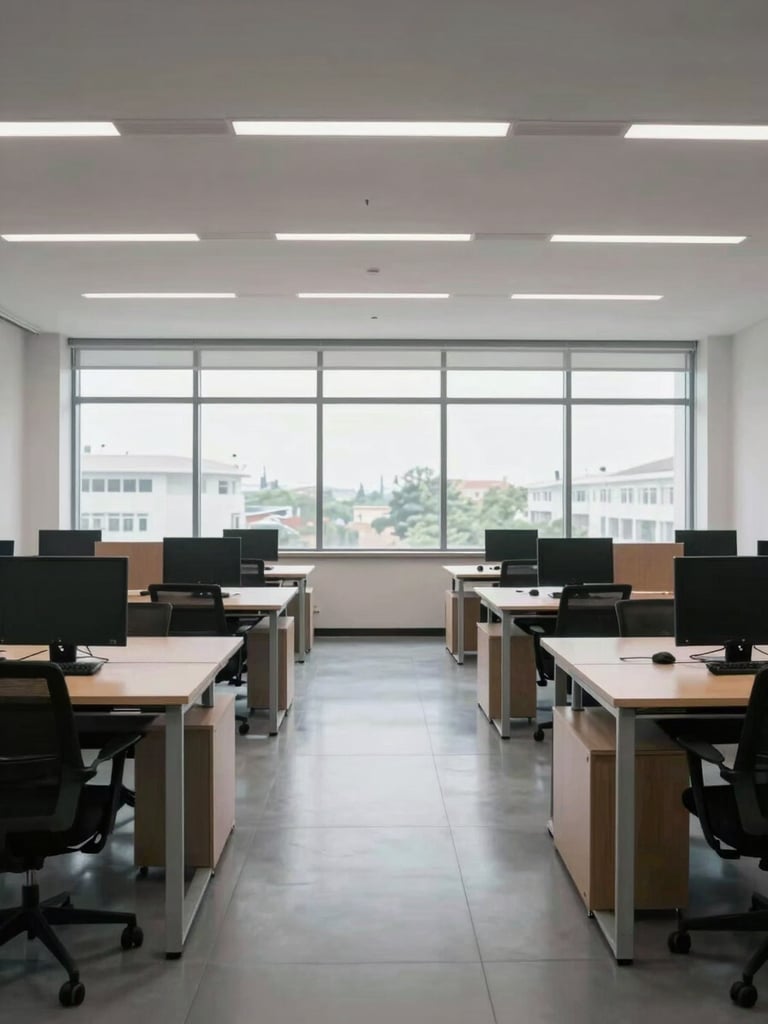 Wide environmental shot of a spotless open-plan office interior in natural daylight, empty desks and clean floors stretching toward large north-facing windows, overcast light, no people, no props