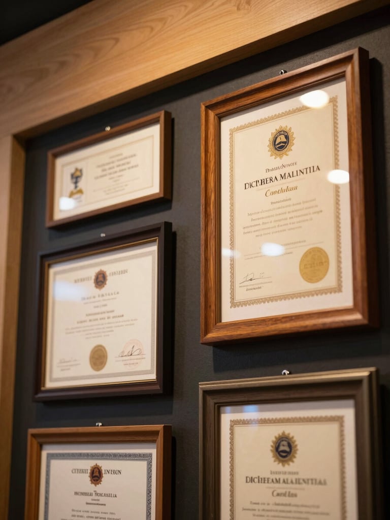 Close-up view of framed certificates and diplomas mounted on a charcoal shop wall, warm tungsten overhead lighting casting amber tones, three frames at varying heights, wood and metal mouldings visible, shot from a slight angle showing depth