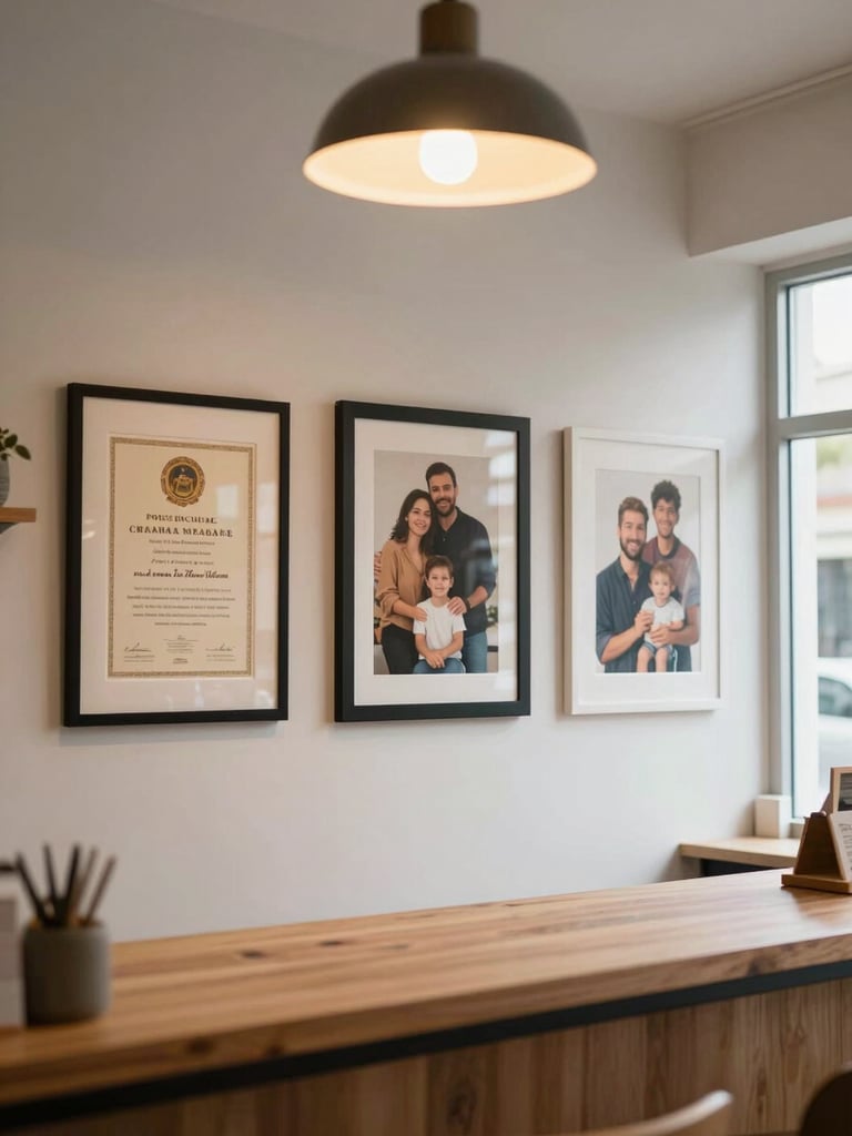 Wide shop interior showing a wall display of completed framed items — a diploma, a family portrait, and a canvas print side by side — warm tungsten ceiling light, counter edge visible in foreground, natural daylight through a window on the right