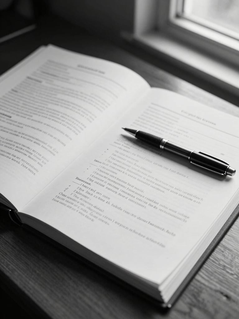 Tightly framed wide shot of an open legal case file on a dark wood desk, handwritten notes in the margins, a pen resting mid-page, north-facing window light casting natural soft shadows across the documents, black and white documentary style