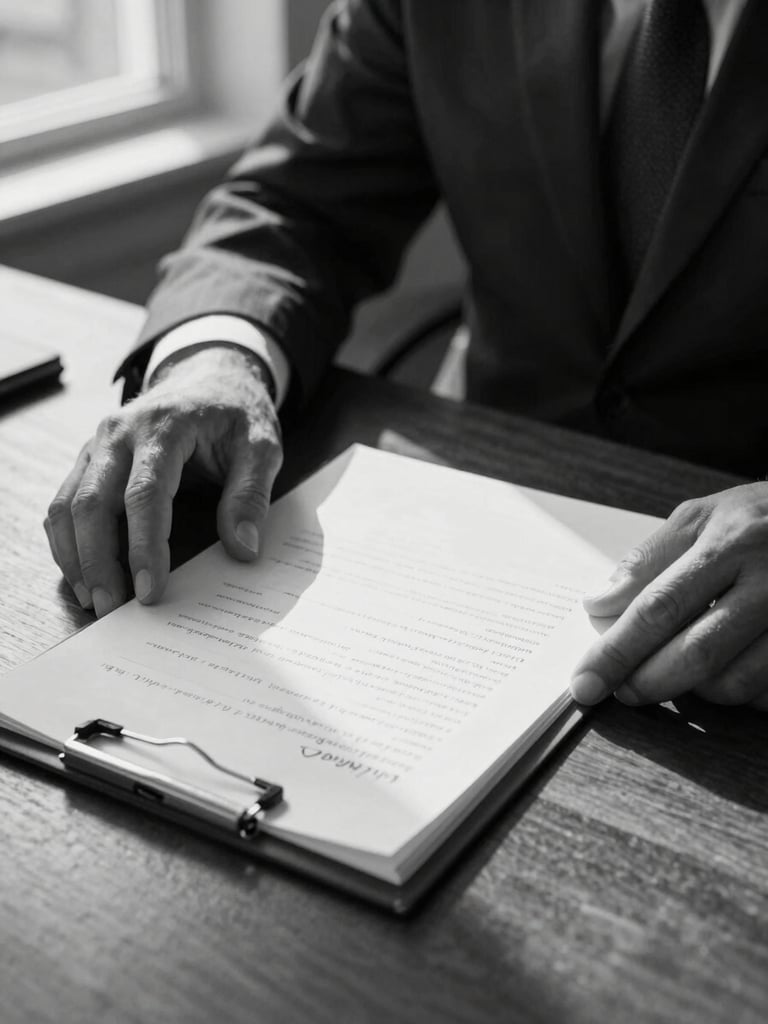 Tightly framed documentary shot: an attorney's hands spread across an open case file on a dark wood desk, handwritten marginal notes visible in the lower third, north-facing window light raking across the papers from the left, natural shadows preserved, no faces, no posed elements, black and white