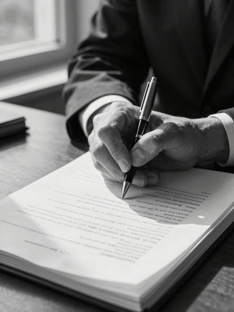 Tightly framed close-up of an attorney's hands holding a pen over an open legal document, handwritten margin notes visible, north-facing window light raking across the page surface from the left, natural shadows preserved on the paper folds, black and white treatment