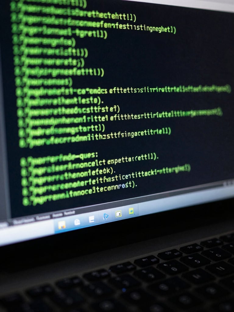 Extreme close-up of a terminal screen displaying scrolling penetration test command output in green monospace text, keyboard edge visible at bottom, cool side-lit studio light, dark background, high contrast