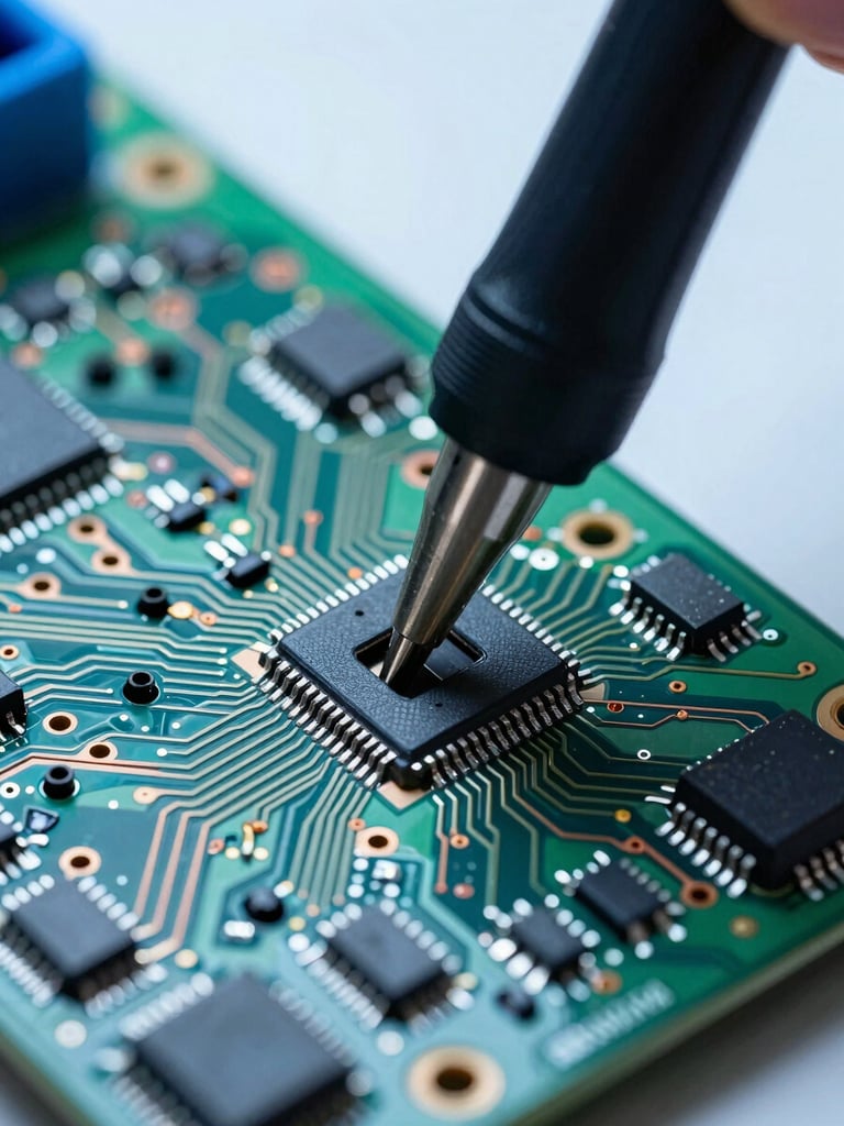 Extreme close-up of a circuit board under active hardware debug, JTAG probe clipped to test pads, green and copper PCB traces filling the frame, cool blue-white lab lighting casting sharp shadows across component legs, left-side composition with dense trace detail