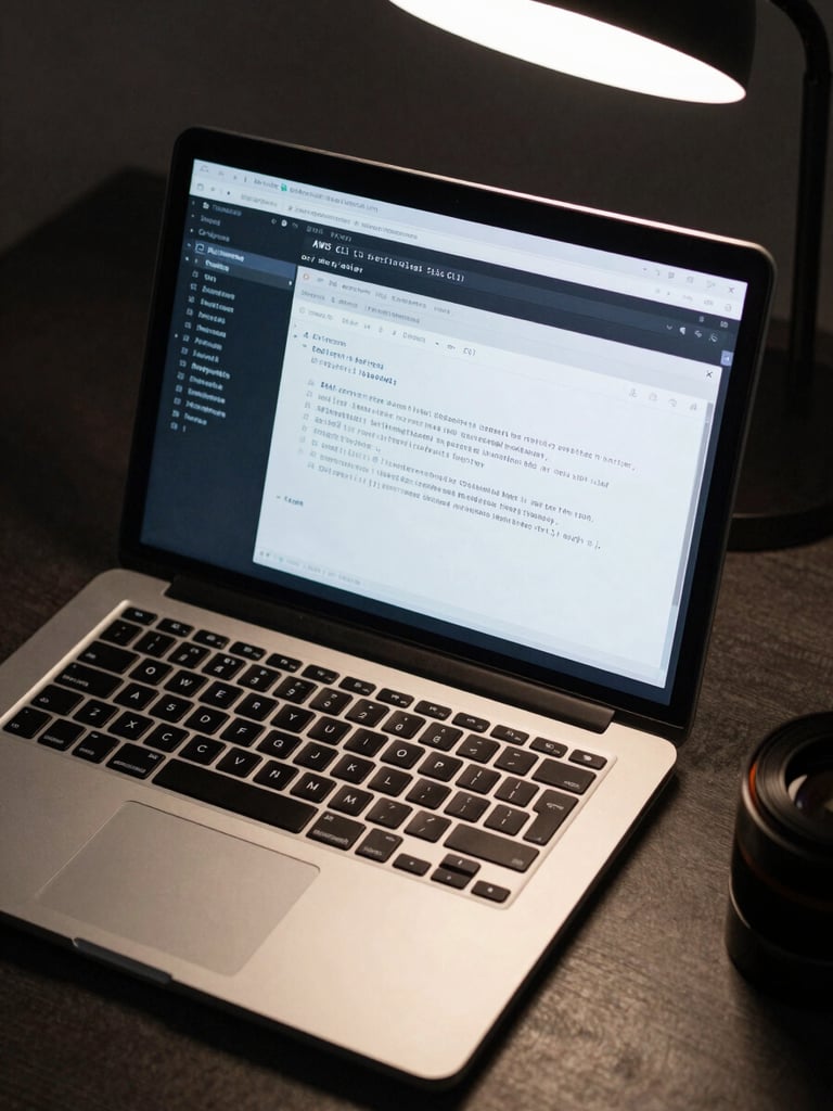 Flat lay of an open laptop displaying a terminal window with AWS CLI output and IAM policy JSON, keyboard in sharp focus, cool overhead studio lighting, dark desk surface, no faces