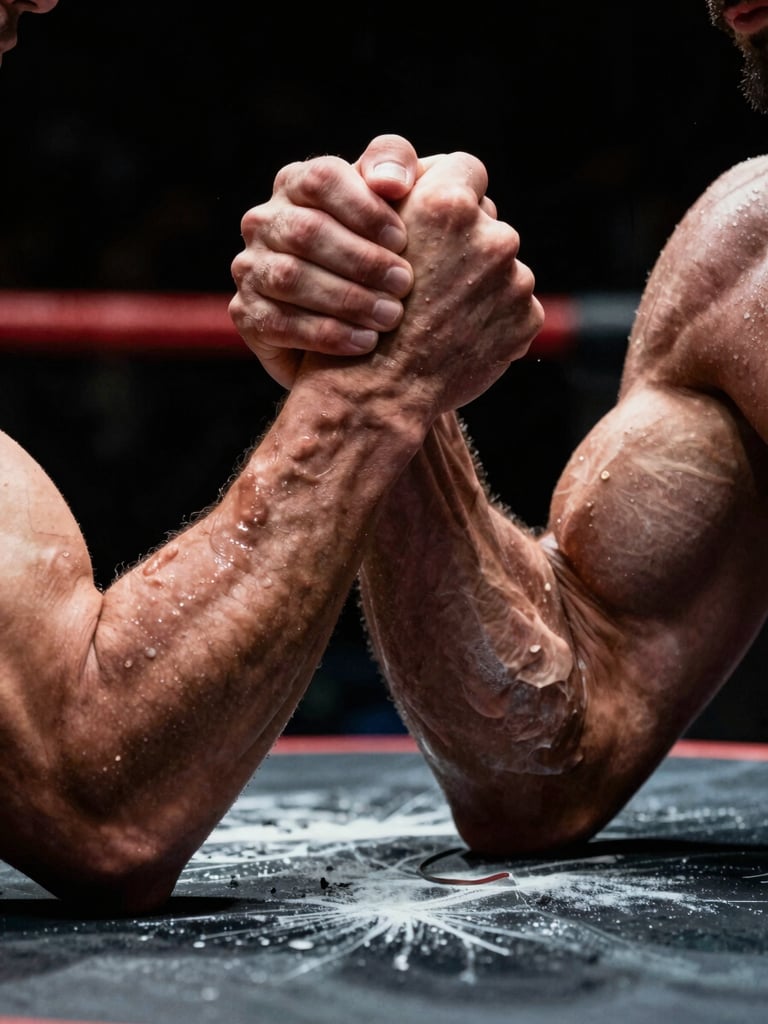 Extreme close-up of two muscular male hands locked over an arm wrestling table, high-contrast directional lighting, sweat and chalk texture, cinematic sports photography.
