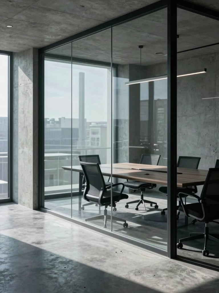 High-contrast portrait photograph of a minimalist concrete and glass corporate boardroom, cool cinematic lighting, sharp shadows