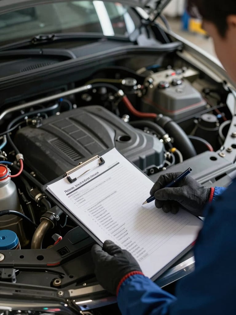 Close-up overhead shot of a vehicle engine bay open on a hydraulic lift, a technician's gloved hand holding an inspection checklist clipboard, diagnostic equipment cables visible, cool workshop daylight, no faces shown