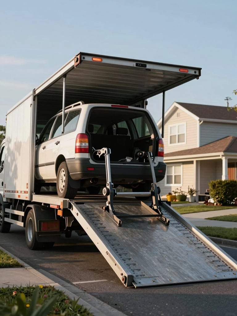 Documentary shot of a vehicle being unloaded from a transport ramp onto a residential street, ramp lowered, clear morning daylight, no faces, focus on the mechanical process of unloading