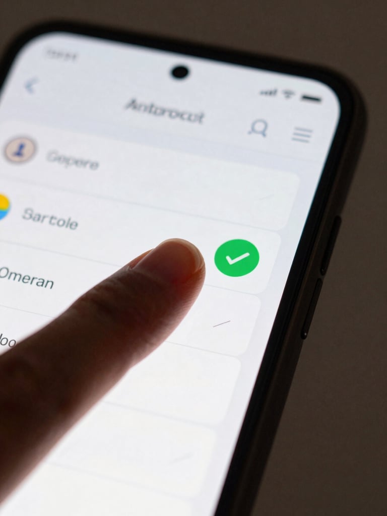 Extreme close-up of a thumb mid-tap on an Android phone screen showing a minimal task list UI, single bright accent-green checkmark visible, clean studio light from above, dark device bezel tight in frame
