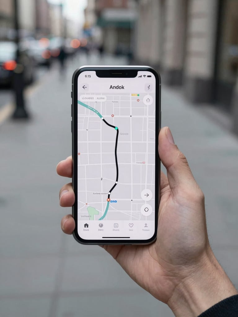 Wide shot of an Android phone held in one hand on a city sidewalk, screen showing a minimal transit map with a single highlighted route line, north-facing daylight, the hand and device sharp against a soft urban background
