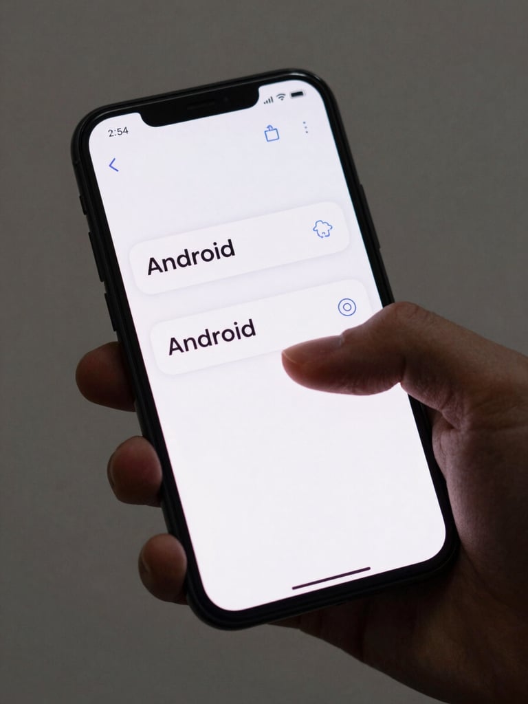 Close-up of a hand holding an Android phone, thumb hovering over a minimal UI with two visible options, clean studio light, sharp focus on the screen edge and thumb position
