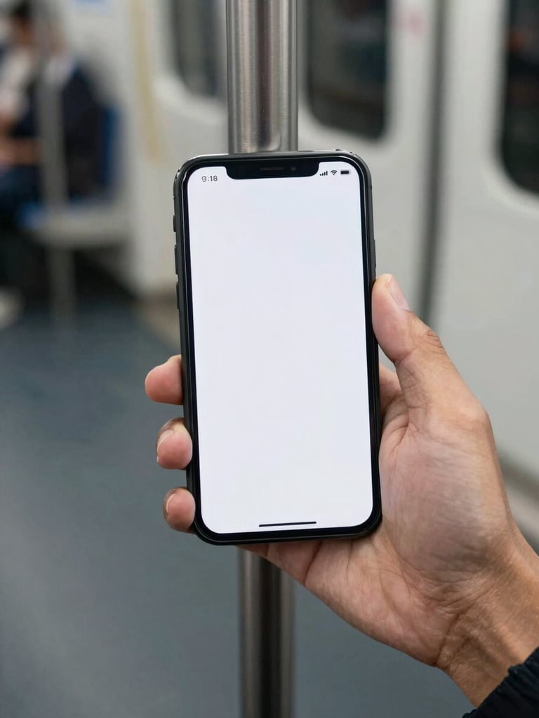 Overhead shot of a hand holding a phone on a subway pole, screen showing a simple single-action interface, ambient daylight, motion slight in the background — focus on the device and hand grip
