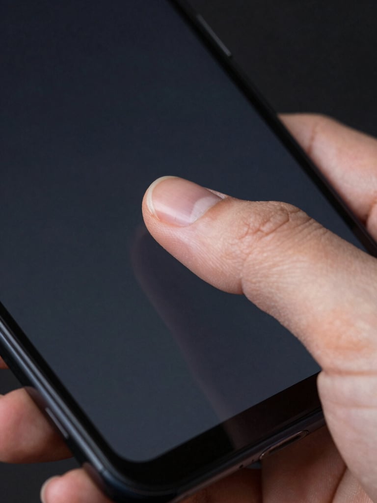 Extreme close-up, thumb mid-tap on a dark Android phone screen, single UI element illuminated under clean studio light, sharp focus on the fingertip and the screen surface, high contrast, minimal background