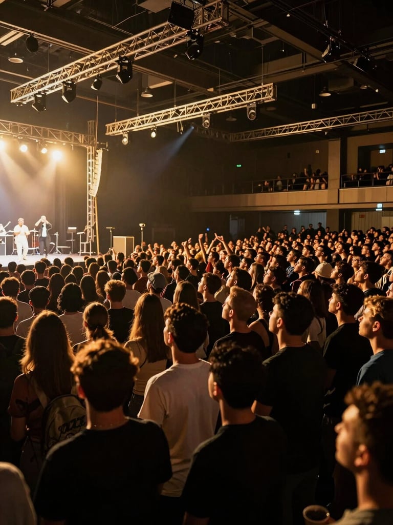 Wide shot of a packed indoor event hall, golden stage lighting washing over a dense crowd of young adults, overhead truss rigs visible, atmosphere of collective energy, shot from the back of the room looking toward the stage, cinematic dark contrast