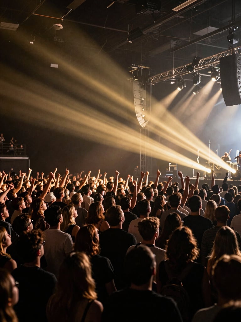 Wide environmental shot of a packed indoor concert crowd under stage lighting, golden beams cutting through dark air, audience energy visible in motion, shot from slightly elevated stage-right angle, cinematic high-contrast