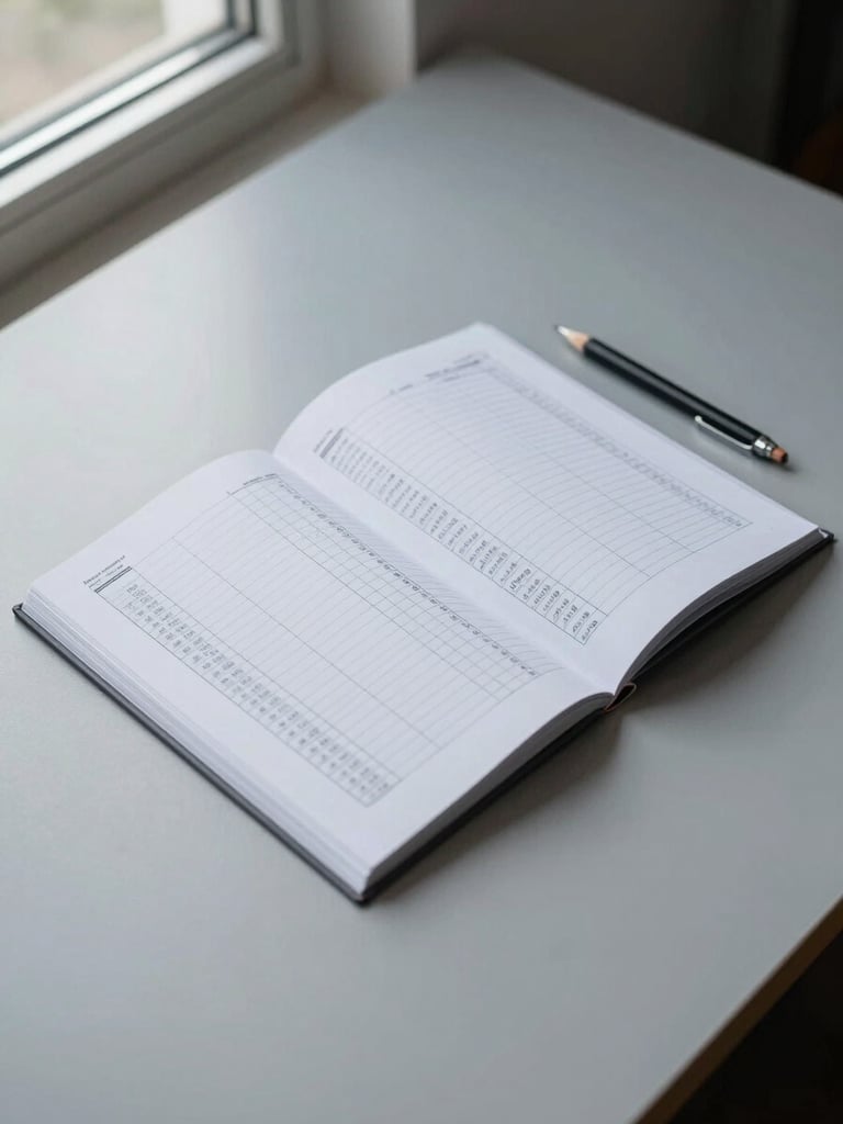 Wide shot of a minimal desk surface from above, a single open document with structured data columns and a mechanical pencil resting beside it, cool daylight from a window to the left, silver-grey tones throughout, no people