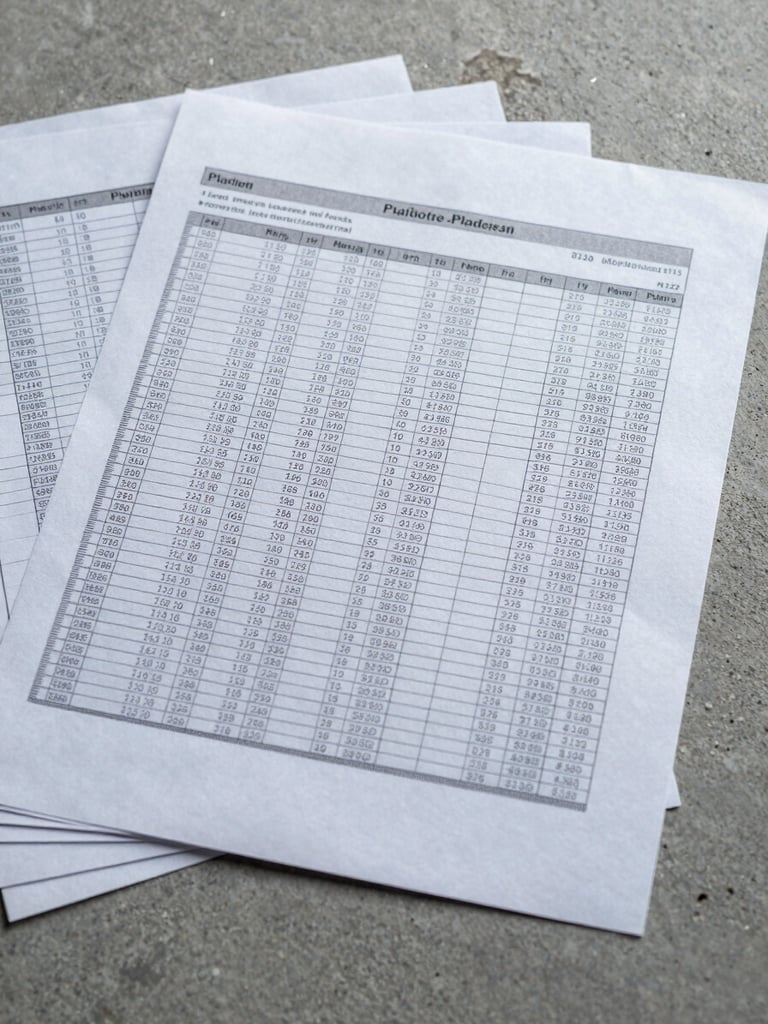 Close-up overhead of printed financial planning documents fanned on a concrete surface, precise ruled lines and figures visible, cool even studio light, no hands, monochromatic silver and grey palette