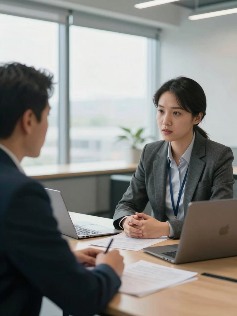 Medium shot of a hiring manager and a candidate in a professional consultation across a meeting table, documents and a laptop open, bright fluorescent and window light in a modern office interior, both engaged in discussion