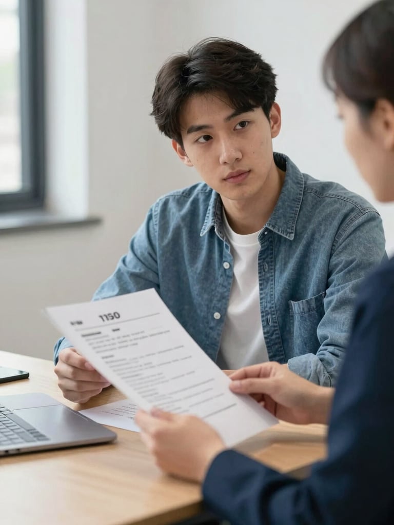 Medium shot of a young fresher candidate sitting across from a consultant at a desk, reviewing a printed resume together, bright indoor office lighting, focused expressions, papers and a laptop visible on the table