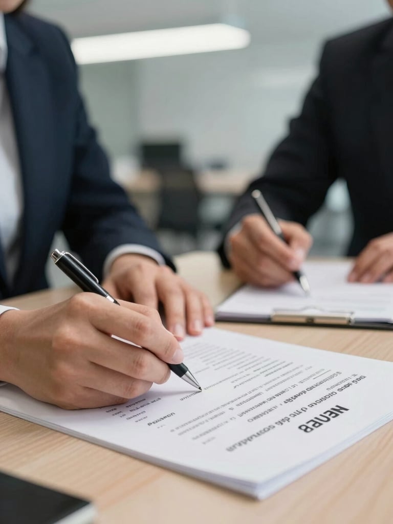 Close-up of a recruiter's hands reviewing a printed resume on a desk, a second document being marked with a pen, bright fluorescent office light overhead, a second person partially visible across the table