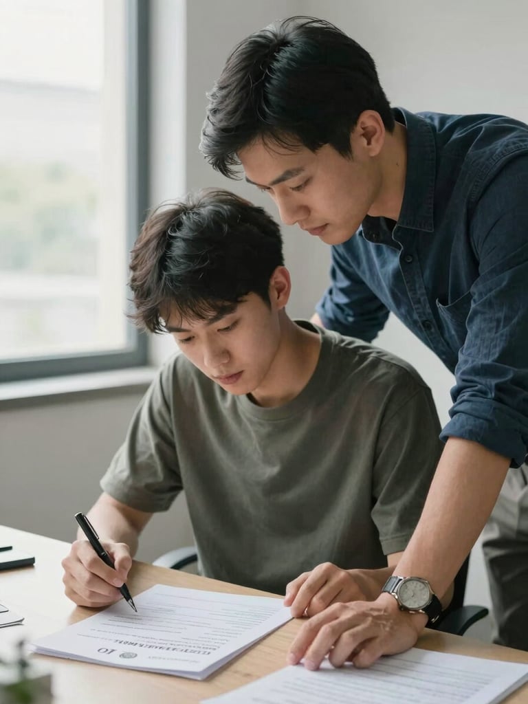Close medium shot of a trainer leaning over a desk reviewing printed resume notes with a young candidate, both focused downward on the document, bright office window light from the left, pen in hand, naturalistic indoor setting