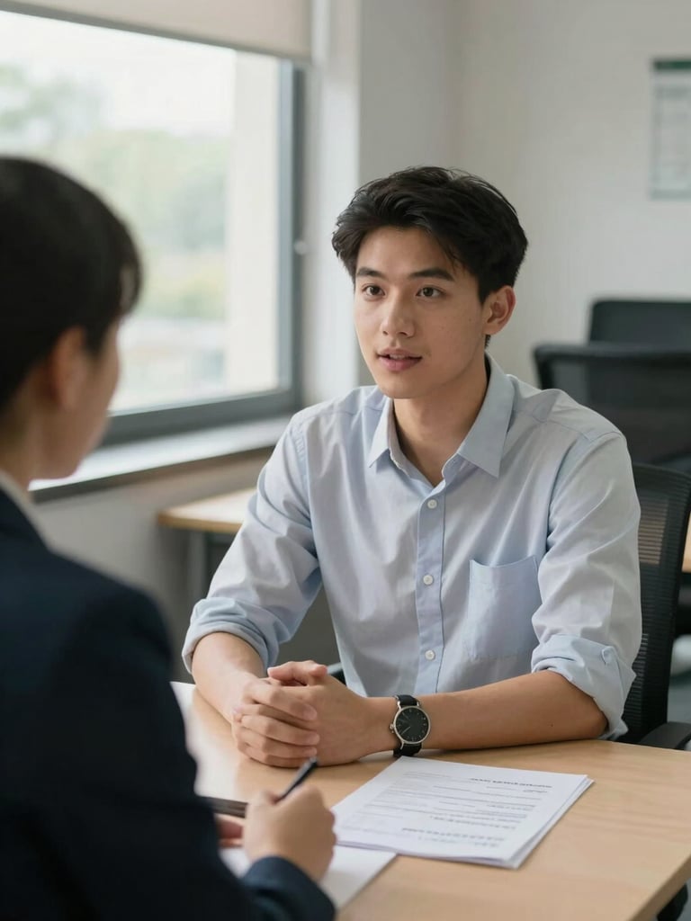 Medium shot of a young trainee speaking confidently at a desk in a bright training room, natural daylight from windows, trainer seated across with a notepad, resume papers visible on the table, professional office environment