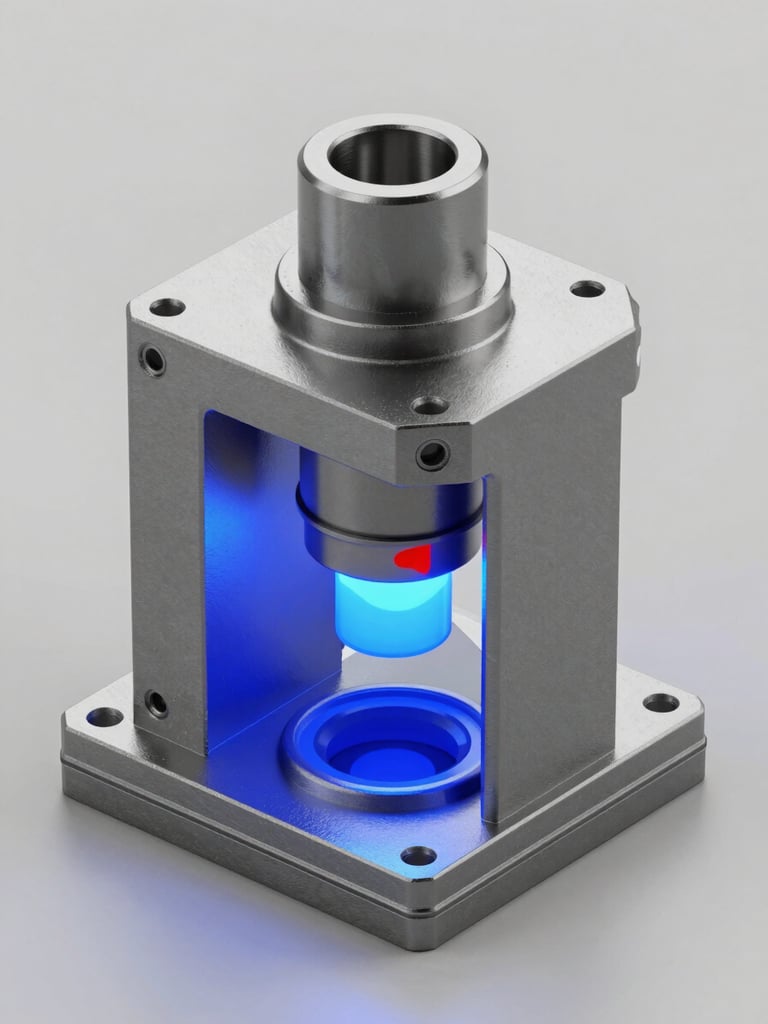 Desaturated metallic CAD model showing a 3D deviation heatmap with blue and red variance indicators, sharp focus, technical visualization