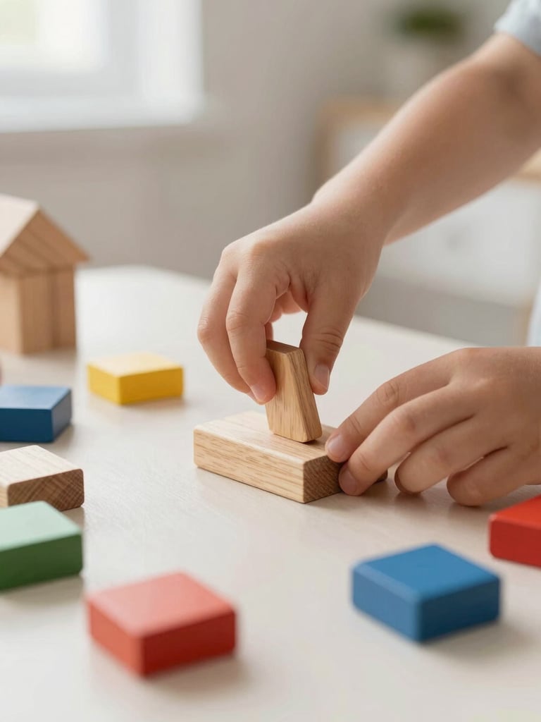 Close-up of a child's hands sorting natural wooden blocks and colorful geometric shapes on a low table, bright morning light.