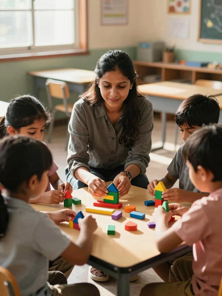 Bright sunlit classroom in Bhubaneswar, a teacher sitting at eye-level with three young children working with colorful wooden geometric blocks on a low table, warm natural light.
