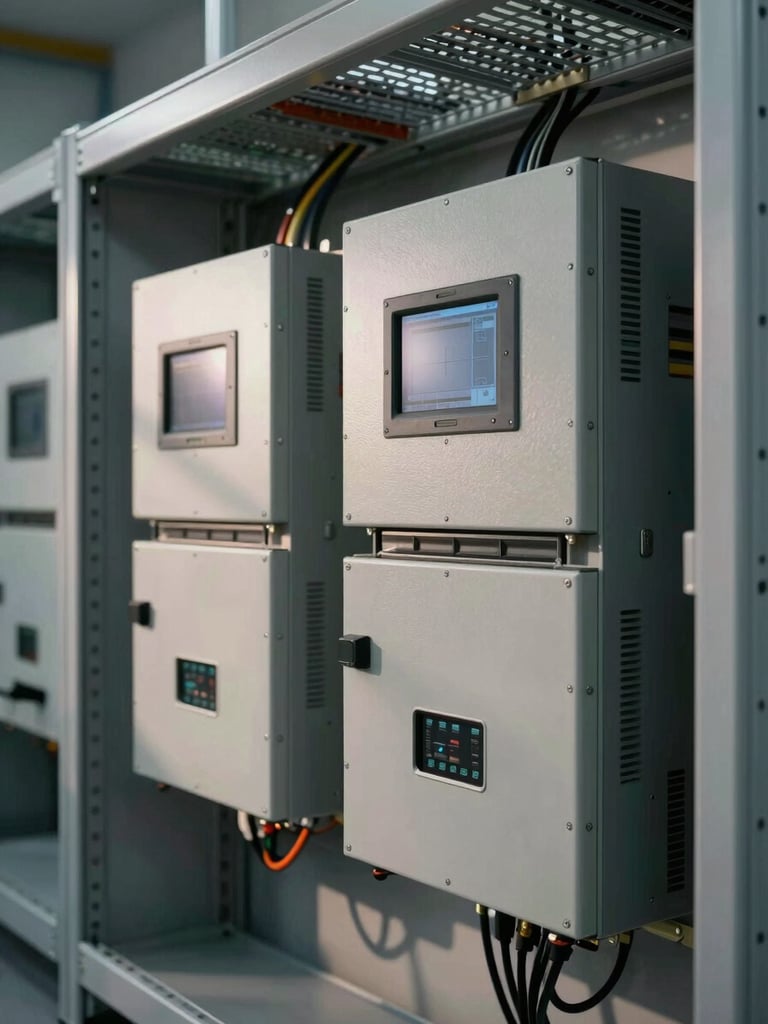 Close-up wide shot of an electrical equipment room interior: inverter units mounted on steel-gray walls, cable trays overhead, monitoring station display panels, studio strobe lighting casting hard shadows on hardware surfaces, no people visible
