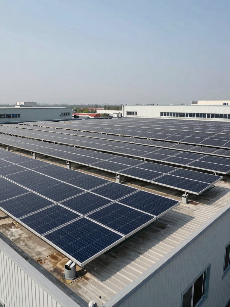 Wide establishing shot of a large commercial rooftop solar array fully installed on a flat industrial building, shot from a low angle showing rows of panels receding into distance, natural midday daylight, no people, steel-gray sky above