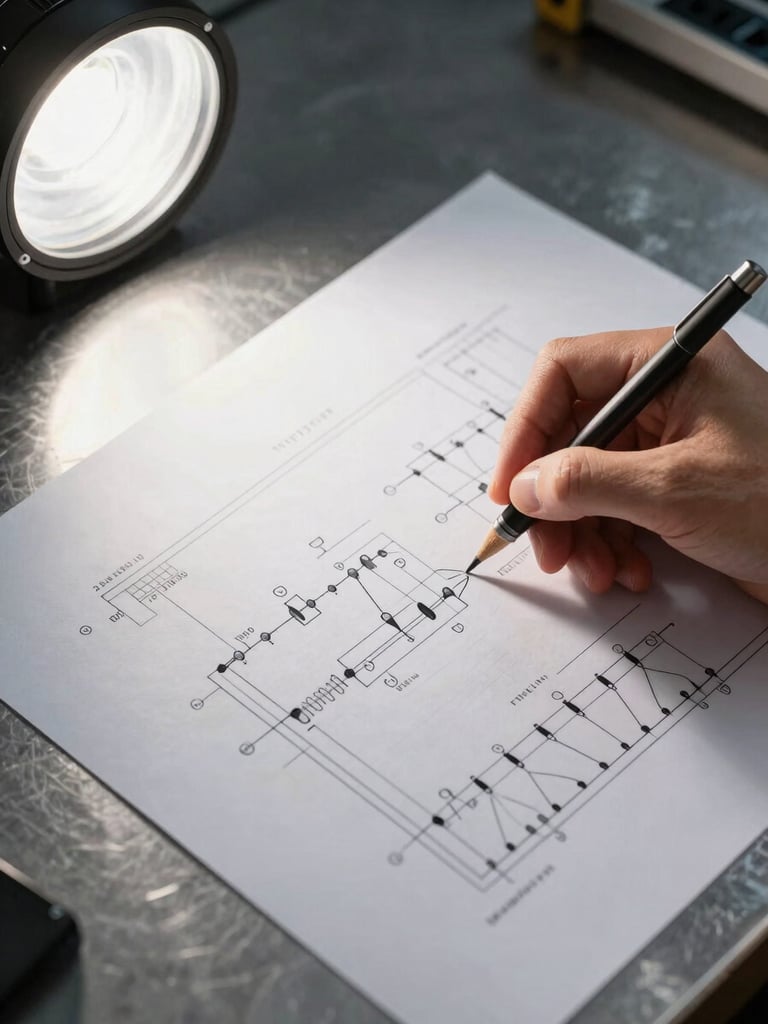 Close-up overhead shot of technical engineering drawings and single-line electrical diagrams spread on a steel-surface worktable, a hand holding a mechanical pencil making precise annotations, studio strobe lighting, sharp focus on document detail
